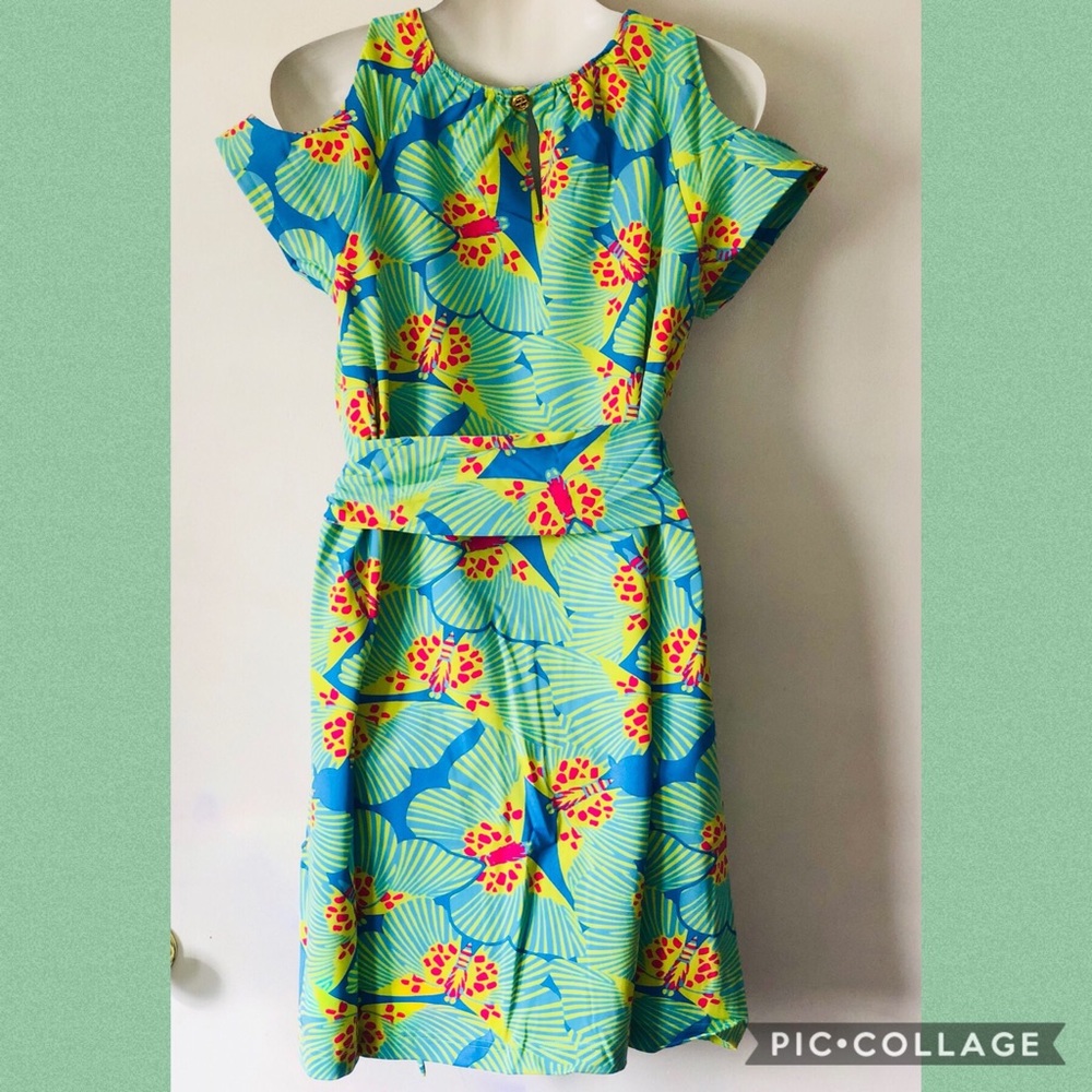 Boutique-Tracy Negoshian grn/blue butterfly dress - Picture 3 of 8